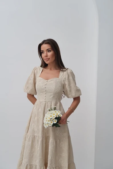 Bej Süs Düğmeli Balon Kollu Elbise - Resim 4