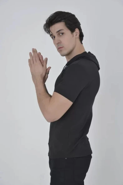 Erkek Kapşonlu Slim Fit T-shirt - Siyah - Resim 2