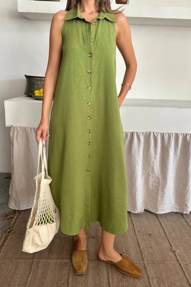 KETEN ÖNDEN DÜĞMELİ KOLSUZ GÖMLEK YAKA ELBİSE - Yağ Yeşili - Resim 3