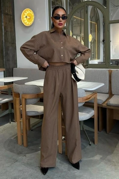 Crop Gömlekli Çizgili Takım 10080 - Resim 2