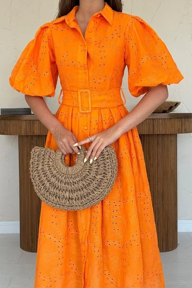 Oranj Pileli Balkon Elbise - Resim 4