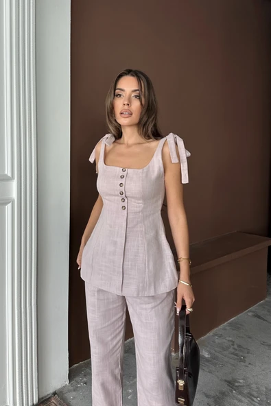 ŞANTUK KETEN YELEK GÖRÜNÜMLÜASKILI BLUZ - PANTOLON TK - Lila - 1