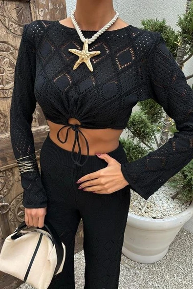 Göğüs Bağcık Detaylı Ajurlu Bluz Pantolon Takım 10098 - Resim 9