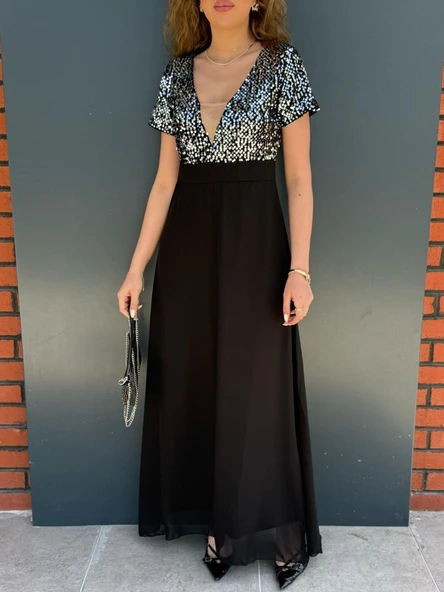 Kadın Kısa Kollu Derin V Yakalı A Kesim Pulpayet Detaylı şifon Nedime Elbisesi - Resim 4