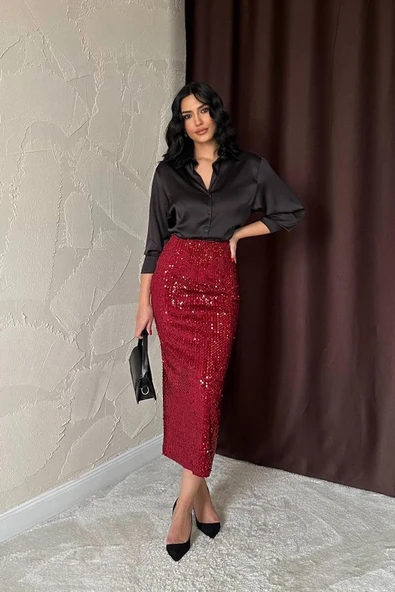Bordo Pulpayetli Parlak Etek - 2