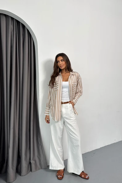 ÇİZGİLİ GÖMLEK - Bej ürün görseli