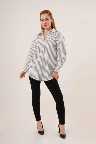 Çift Çizgi Geçişli Düğmeli Gri Gömlek - Resim 3