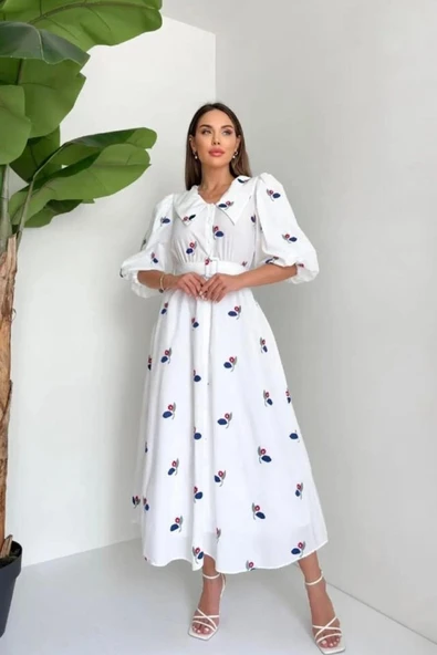 Kırmızı Yakası Çiçek Motifli Kemerli Elbise - Resim 2