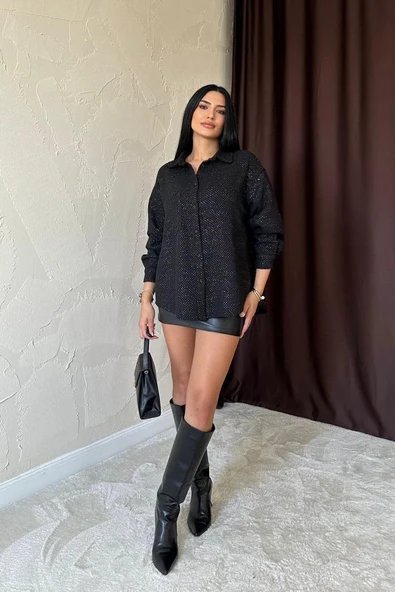 Siyah Işıltılı Gömlek - 3