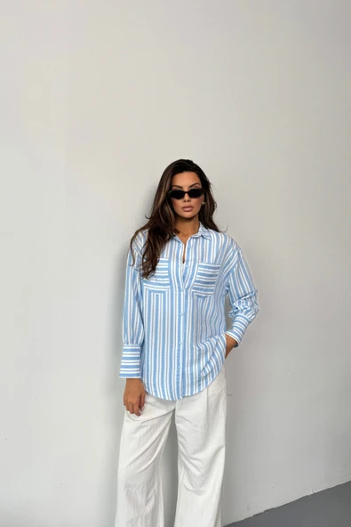 ÇİZGİLİ GÖMLEK - Mavi - Resim 3