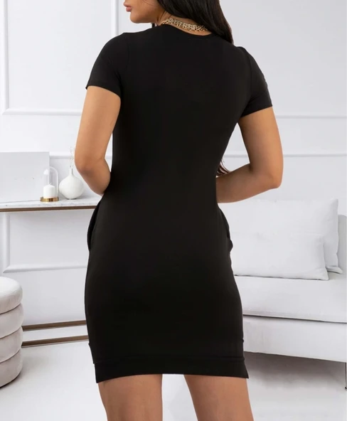 Kadın Ananas Baskılı Kısa Kol Viskon Elbise - Resim 3