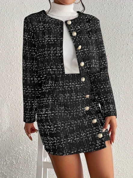 Kadın Uzun Kollu önü Düğmeli şanel Ceket Ve Etek Takım - Resim 4