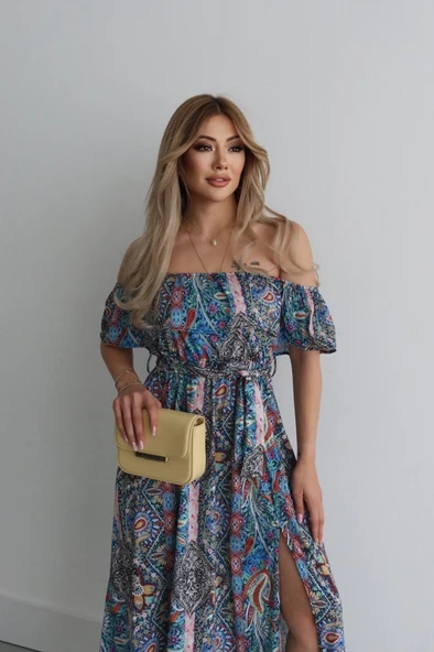 Kadın Kısa Kollu Madonna Yaka Fırfırlı Belden Yırtmaçlı Maksi Süprem Elbise - Resim 5