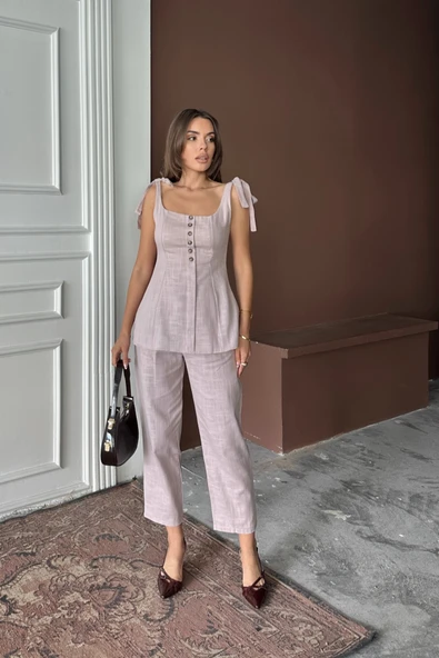 ŞANTUK KETEN YELEK GÖRÜNÜMLÜASKILI BLUZ - PANTOLON TK - Lila - 4