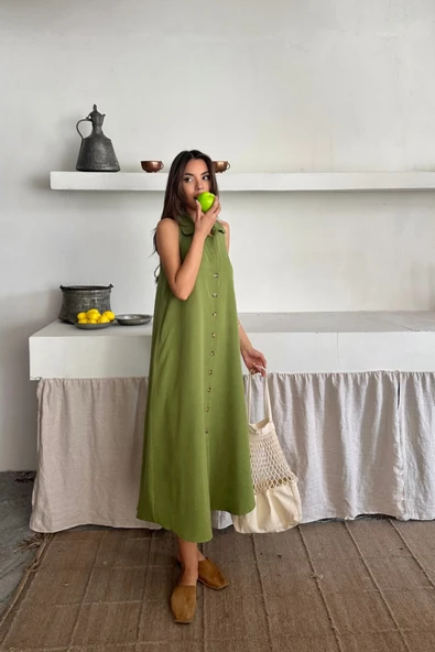 KETEN ÖNDEN DÜĞMELİ KOLSUZ GÖMLEK YAKA ELBİSE - Yağ Yeşili ürün görseli