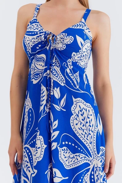 Askılı Viscon Elbise - Saks - Resim 4