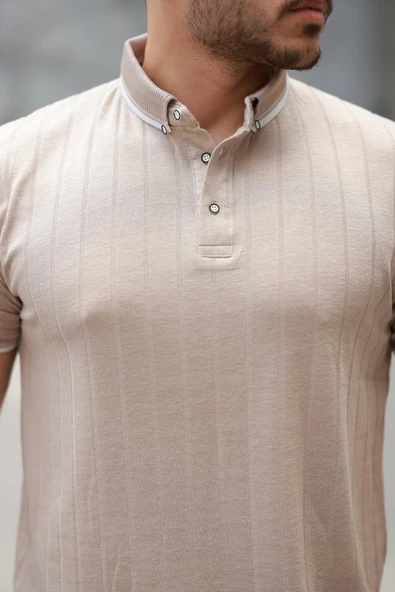 Erkek Düğme Yakalı Jakar Kumaş Kısa Kollu Tişört - Resim 3