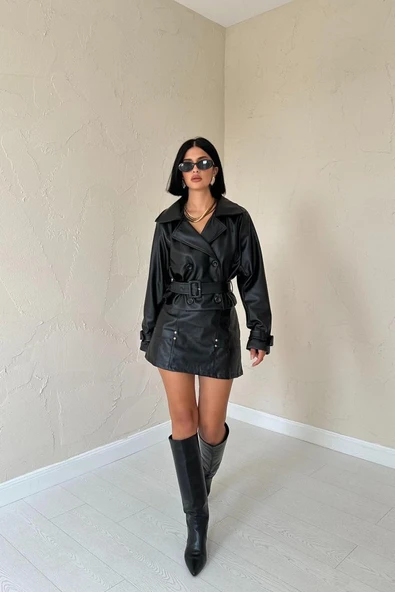 Siyah Kemerli Deri Ceket - 2