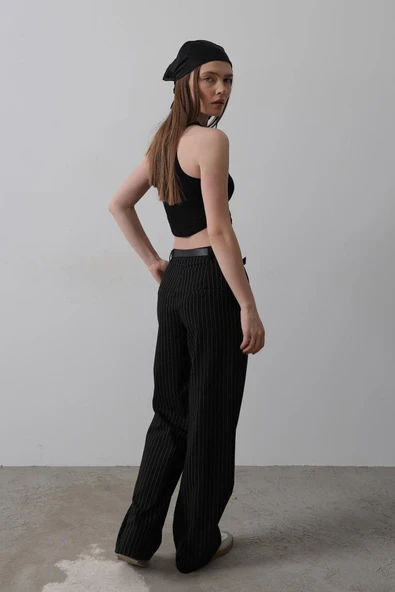 Kemerli Palazzo Pantolon - Siyah-Beyaz - Resim 8