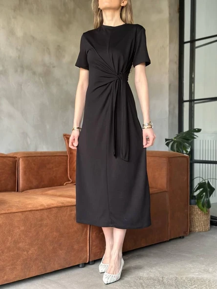 Osy Modal Yumuşak Dokulu KumaşYandan Bağlamalı Elbise - Siyah ürün görseli
