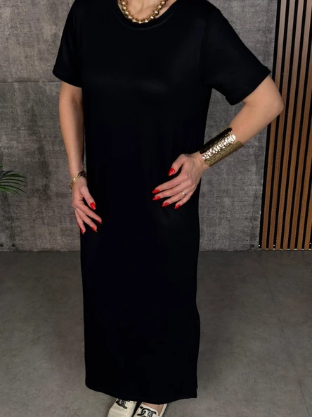 Kadın Kısa Kollu Bisiklet Yaka Yırtmaçlı Viskon Iki Iplik Elbise - Resim 4