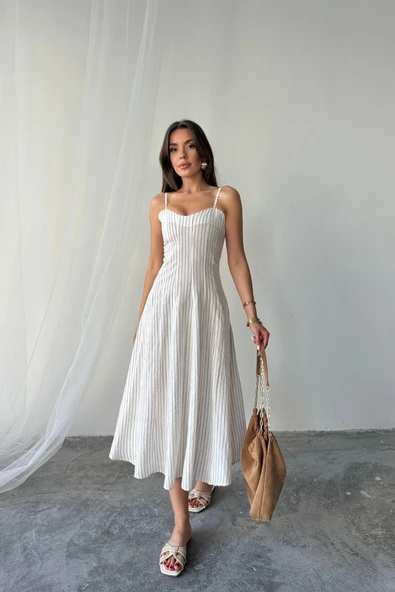 SİMLİ ÇİZGİLİ ASKILI ELBİSE MİDİ BOY - Kahverengi ürün görseli