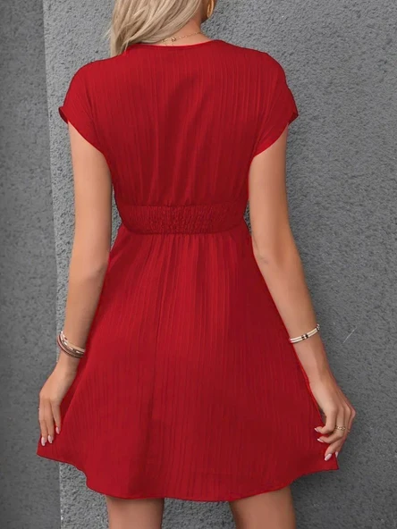 Kadın Kısa Kollu Kruvaze Yakalı Beli Lastikli Bürümcük Elbise - Resim 3