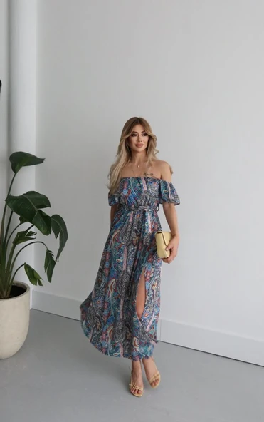 Kadın Kısa Kollu Madonna Yaka Fırfırlı Belden Yırtmaçlı Maksi Süprem Elbise - Resim 10