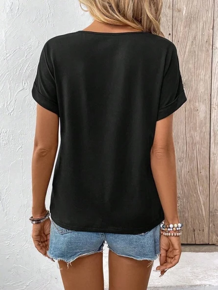 Kadın Kısa Kollu Bisiklet Yaka Dantel Detaylı Viskon Bluz - Resim 5