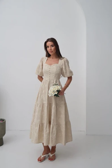 Bej Süs Düğmeli Balon Kollu Elbise - Resim 3