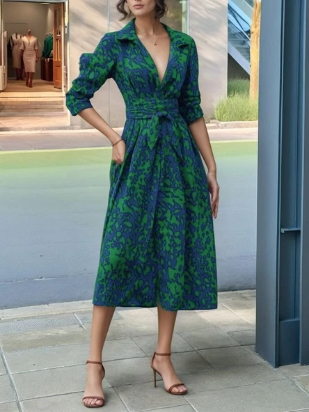 Kadın Uzun Kollu Yakalı önden Düğmeli Beli Kuşaklı Uzun Süprem Elbise ürün görseli