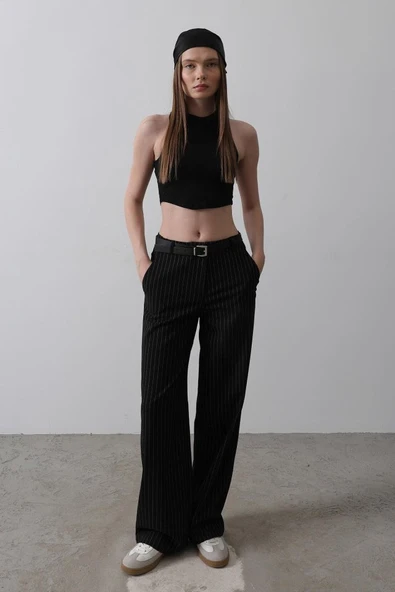 Kemerli Palazzo Pantolon - Siyah-Beyaz - Resim 7