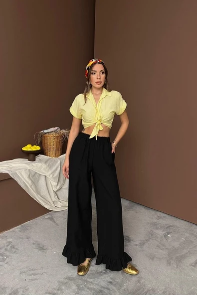 Siyah Paçası Fırfırlı Keten Pantolon ürün görseli