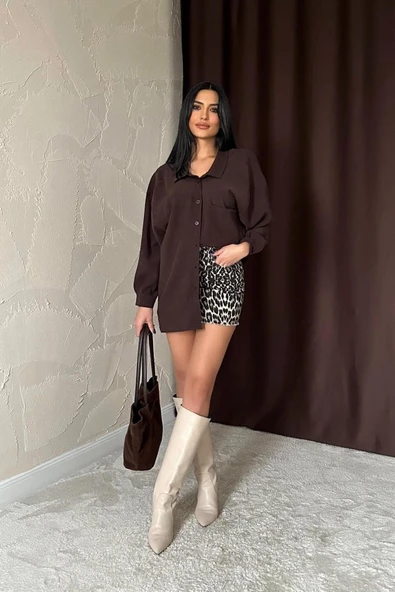 Kahverengi Salaş Gömlek - Resim 3