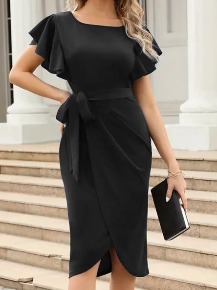 Kadın Kısa Fırfır Kollu Yakası Açık Belden Kuşaklı çapraz Kesim Detaylı Ithal Krep Elbise - Resim 3