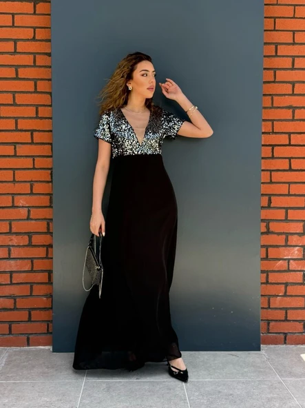 Kadın Kısa Kollu Derin V Yakalı A Kesim Pulpayet Detaylı şifon Nedime Elbisesi ürün görseli