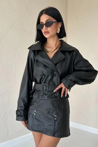 Siyah Kemerli Deri Ceket - 3