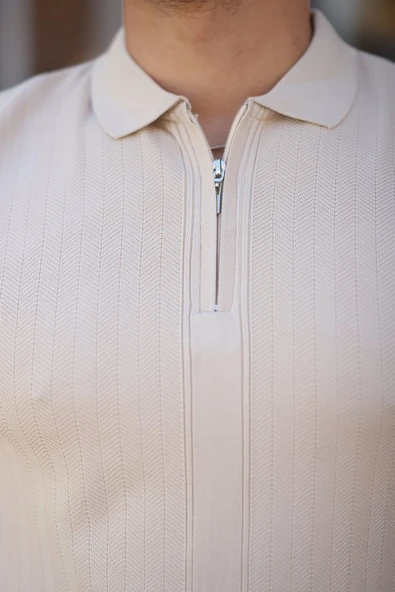 Erkek Yakası Fermuarlı Kısa Kollu T-shirt - Resim 3