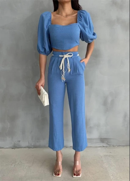 KETEN CROP KARPUZ KOL BLUZ-PANTOLON HASIR KEMERLİ - Mavi - Resim 3