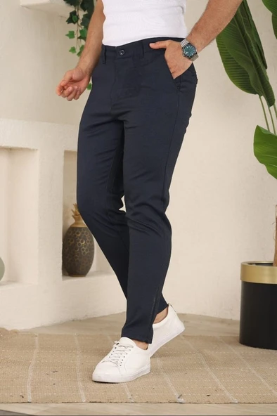 Erkek Casual Slim Fit Cord Desenli Kumaş Pantolon - 1