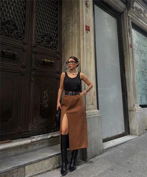 SÜET KALEM ETEK YIRTMAÇ DETAYLI - Taba ürün görseli