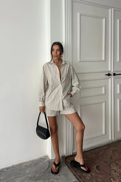 POPLİN ÇİZGİLİ GÖMLEK - ŞORT TAKIM - Bej - Resim 2