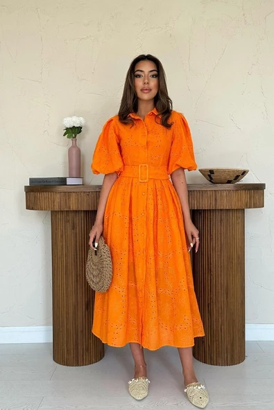 Oranj Pileli Balkon Elbise - Resim 2