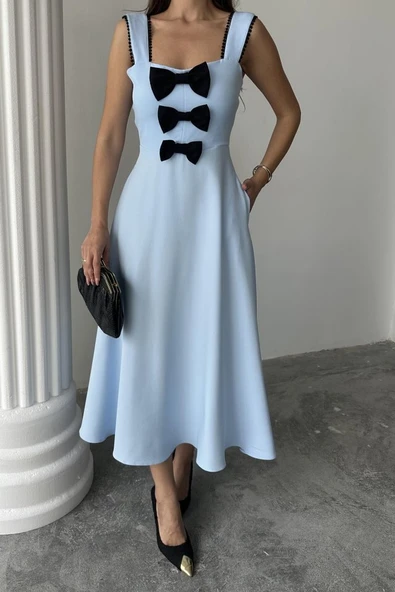 Bebe Mavi Fiyonk Garnili Dantelli Elbise - Resim 4