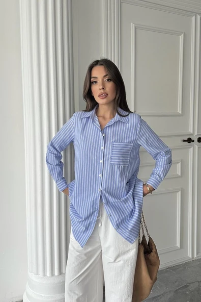 Mavi Çizgili Uzun Gömlek ürün görseli