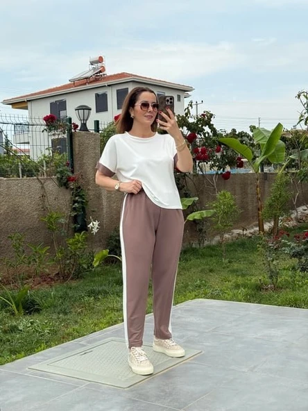 Kadın Modal Dokulu Kumaş Yanı şeritli Takım - Resim 4