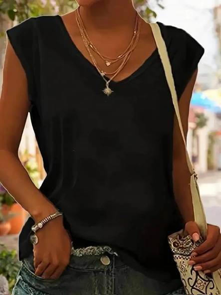 Kadın Kısa Kollu V Yakalı Viskon Bluz - Resim 3