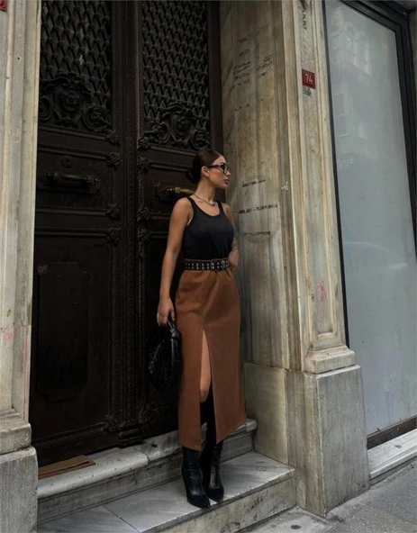 SÜET KALEM ETEK YIRTMAÇ DETAYLI - Taba - Resim 3