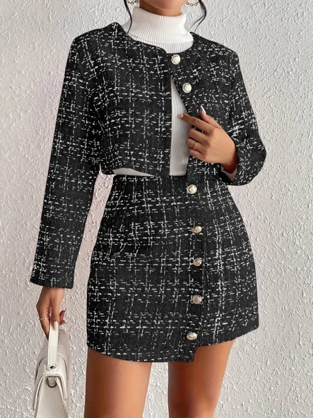 Kadın Uzun Kollu önü Düğmeli şanel Ceket Ve Etek Takım ürün görseli 1