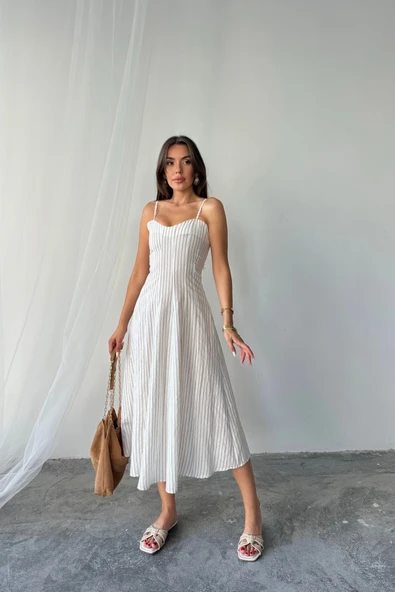 SİMLİ ÇİZGİLİ ASKILI ELBİSE MİDİ BOY - Kahverengi - Resim 4